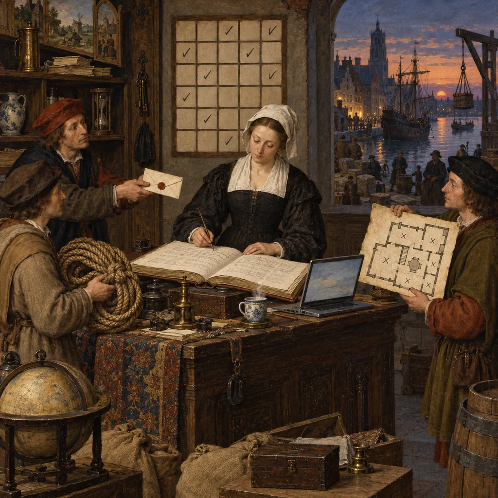 A Flemish counting house at dusk where a calm woman writes in a ledger beneath a wall calendar of thirty squares, while three clerks bring her a letter, a knotted rope and a map of rooms, with a cup of tea and an open laptop on her desk.