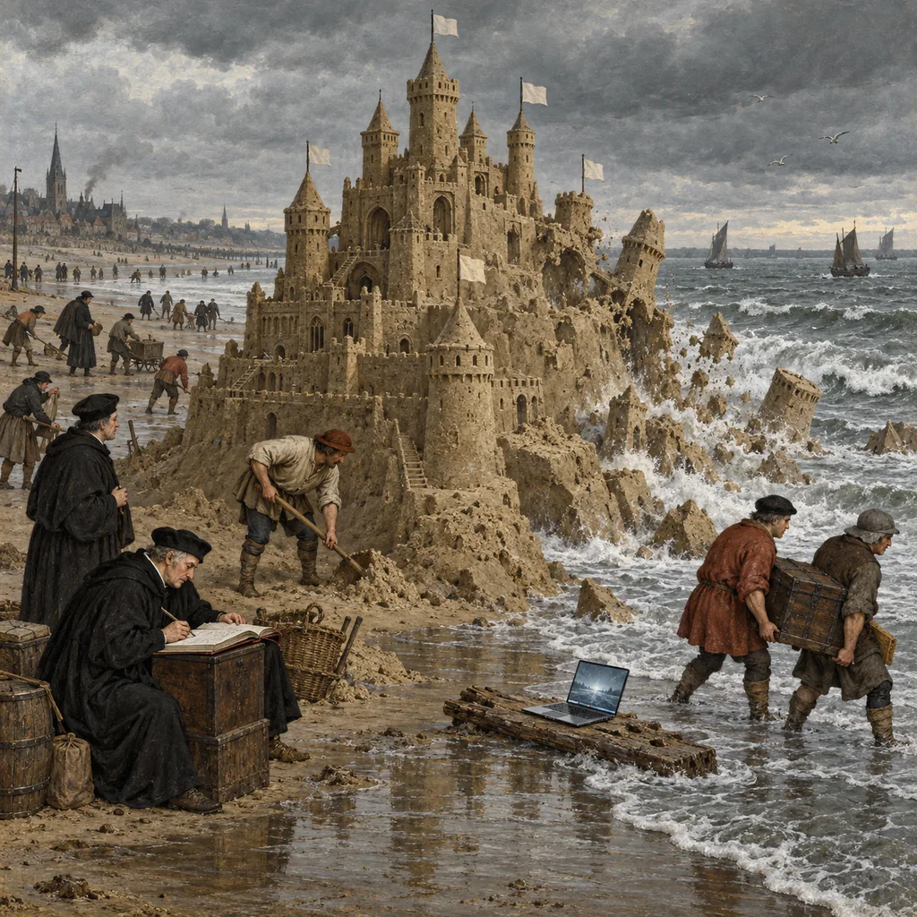 A Bruegel-style grey beach where a large, elaborate sandcastle slides into the incoming tide while robed clerks and peasants with spades stand around it, one still shovelling, one writing in a ledger, and a glowing laptop sits on a driftwood plank at its foot.