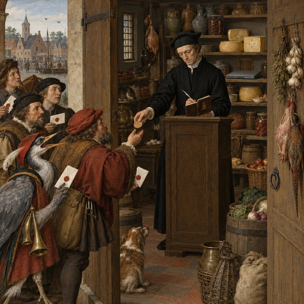 A Flemish-style pantry where a tall butler at a high desk writes in a locked diary, while merchants and a heron-headed crier queue at the door with sealed notes, and the butler hands one of them a single wooden token; a closed laptop rests on the shelf among jars.