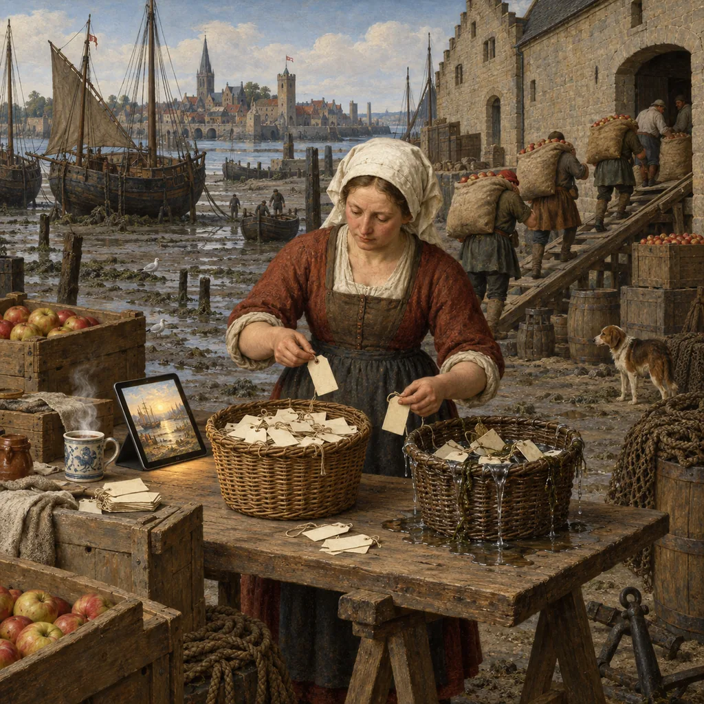A Bruegel-style harbour storehouse where a woman at a trestle table sorts parchment tags into a dry basket and a dripping wet basket, while dock workers carry apple sacks up to a stone warehouse, and a cup of tea steams beside a glowing tablet.