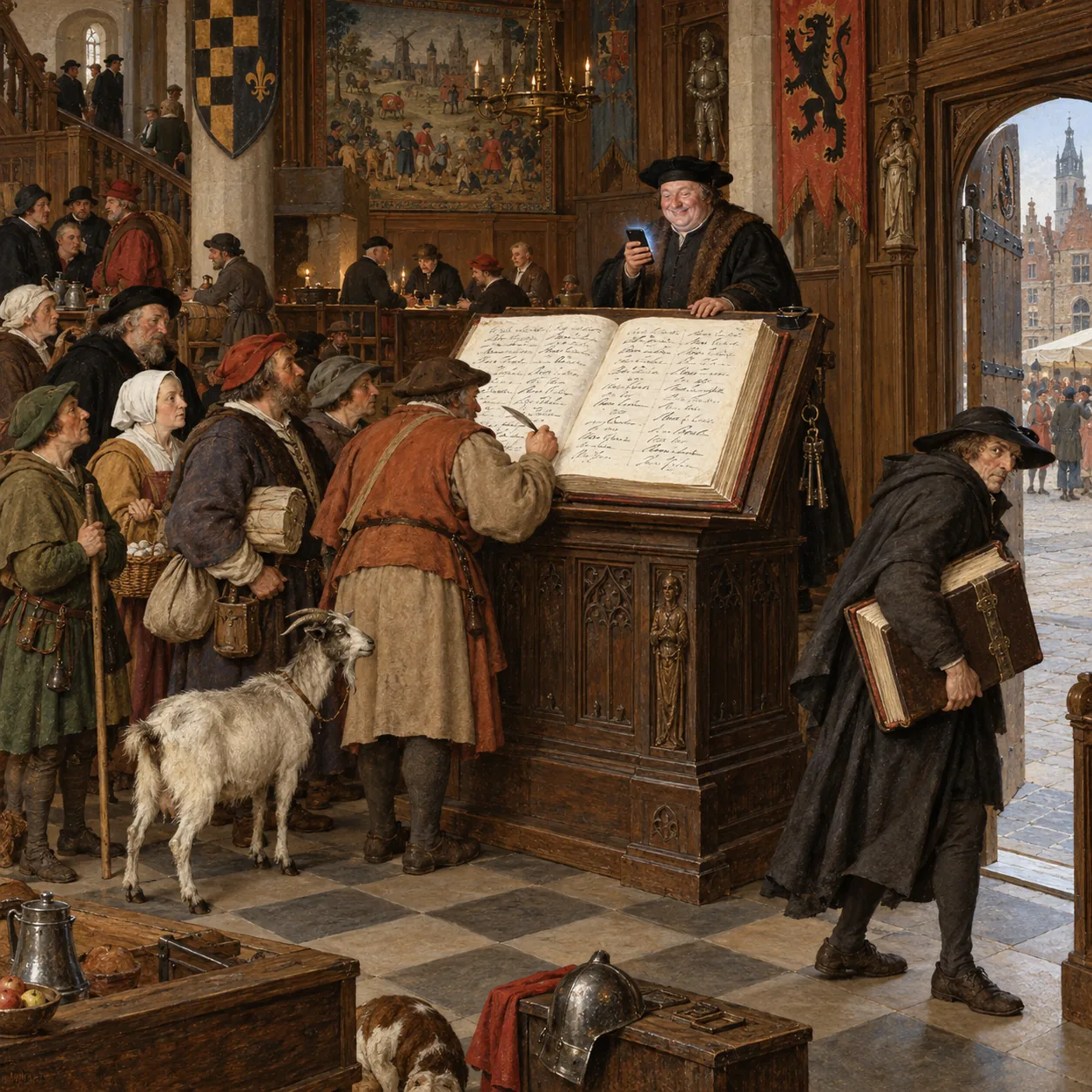 A Bruegel-style guild house entrance where a queue of merchants, peasants and a goat sign a huge visitors' book on a lectern, while a cloaked figure slips out of the door with a copy of the book and the porter smiles at a glowing phone.
