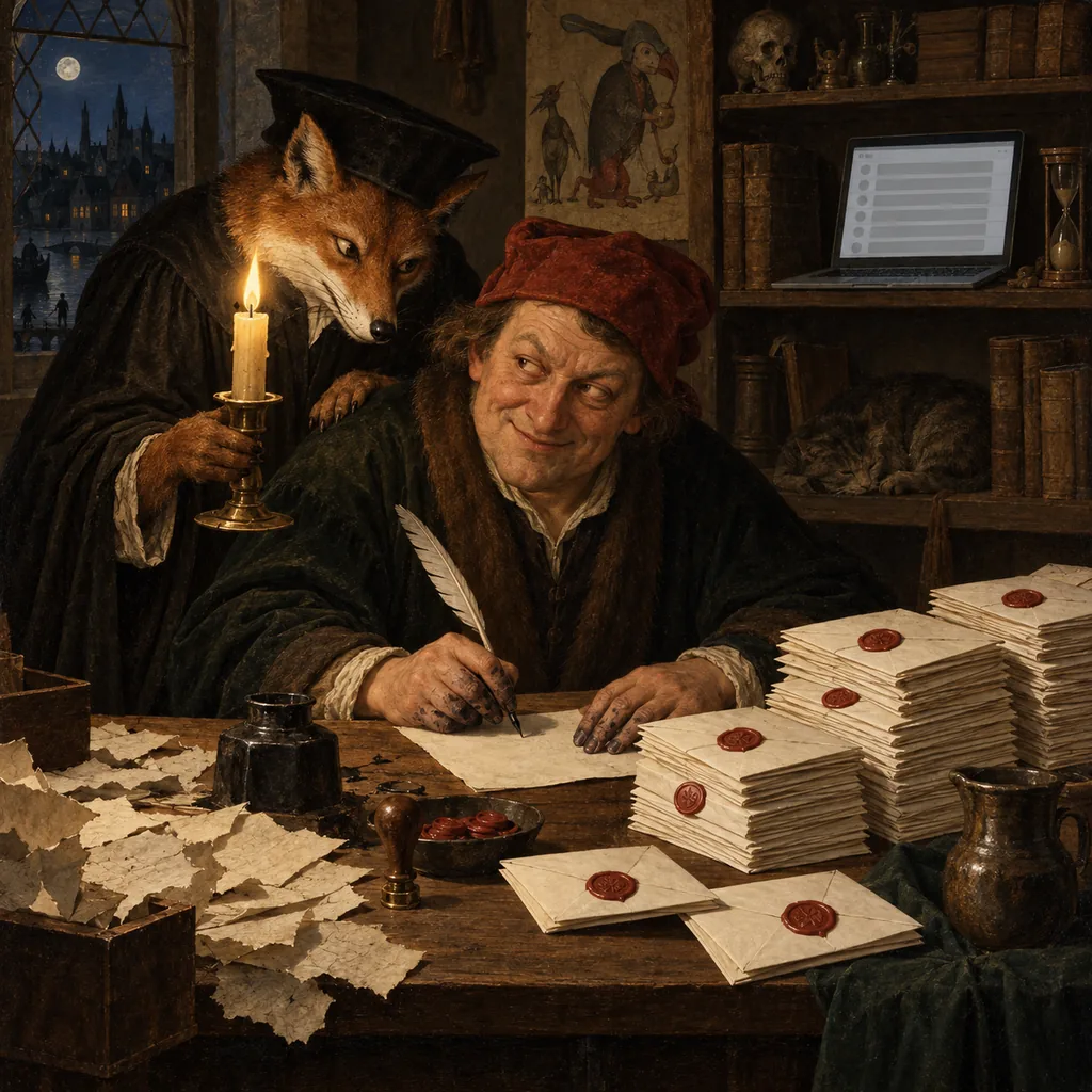 A Flemish scriptorium at night where a clerk copies names from torn visitors' book pages into personal letters sealed with a forged guild seal, while a fox-headed notary holds the candle and a laptop sits on a shelf.