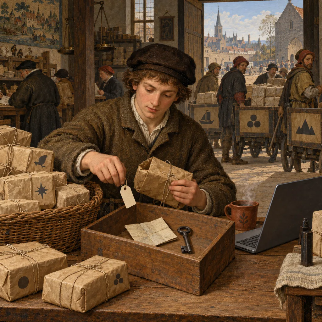A Bruegel-style counting house where a young man unpacks outgoing parcels at a long table, removes name tags, maps and keys into a bin and re-ties each parcel, while porters wait with carts and a cup of tea steams beside a laptop.