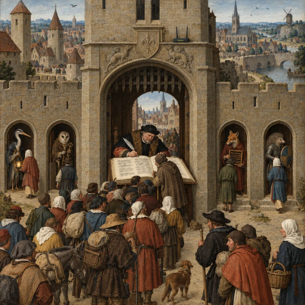 A Bosch-style town wall where a gatekeeper makes travellers sign a huge book at the main gate, while four small side doors are guarded by a heron with a lantern, an owl with a key, a fox with an abacus and a hedgehog with a shield, and a router blinks above the gate.