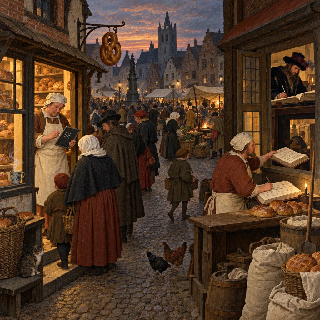 A Flemish market square at dusk where one baker tallies customers on a slate at his door, while a second baker writes customers' names in a book and hands it through a back window to a stranger who copies it into a larger book, and a cup of tea steams on a windowsill.