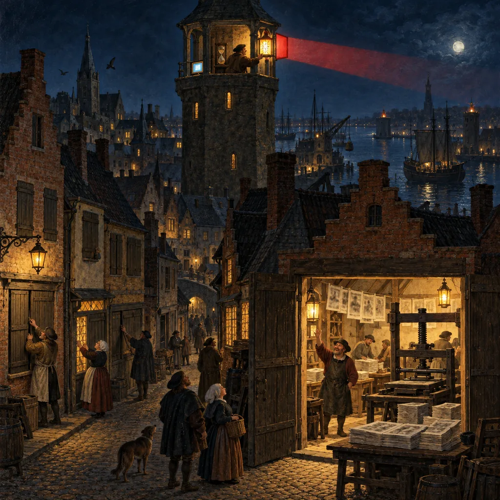 A Bruegel-style harbour town at night where a watchtower keeper signals with a coloured lantern, shopkeepers close their shutters in reply, and one printer's shop stays open and lit while the printer waves at the tower, with an hourglass and a small glowing screen in the tower window.