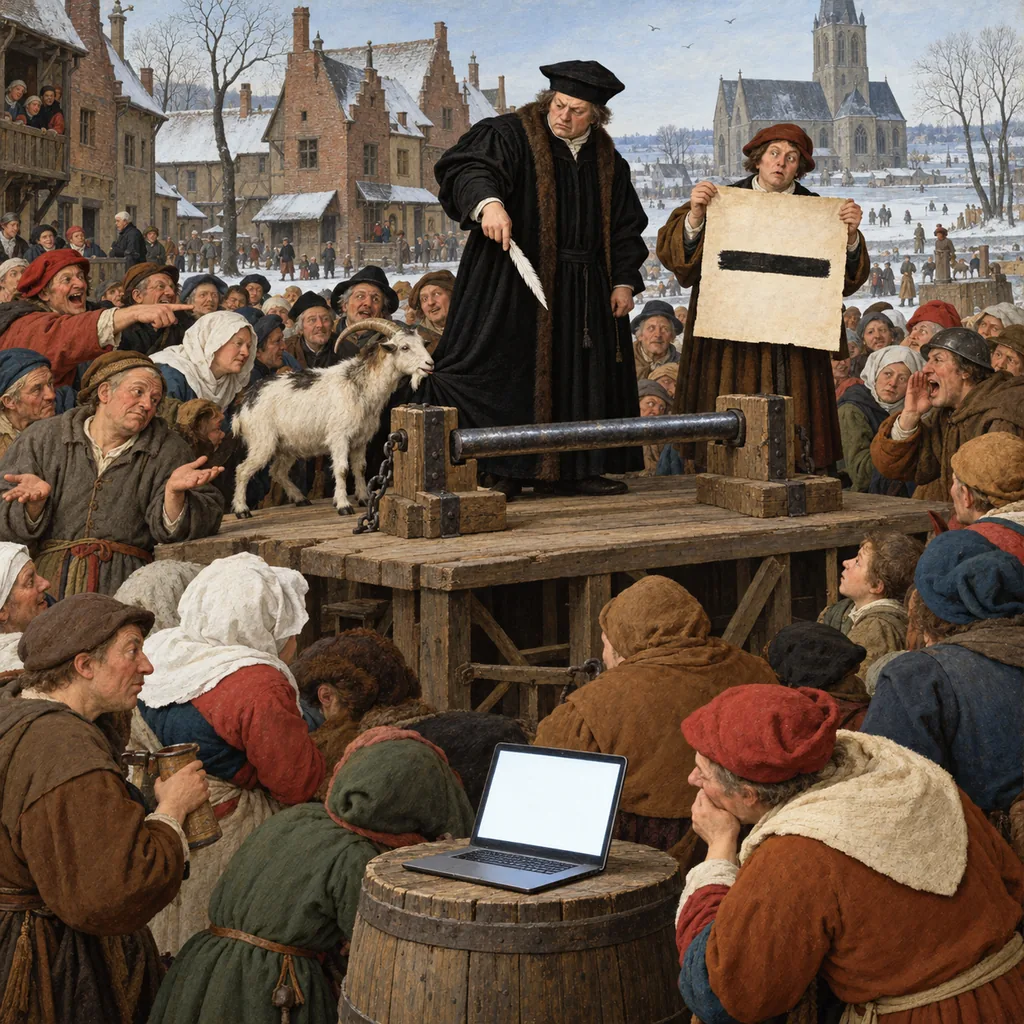 A Flemish-style winter village square where a long iron bar is locked in the stocks on a platform, a robed magistrate points at it with a quill, a clerk holds up a wanted poster showing a single thick black bar, villagers jeer or shrug, a goat chews the magistrate's robe, and a glowing laptop sits unnoticed on a barrel in front.