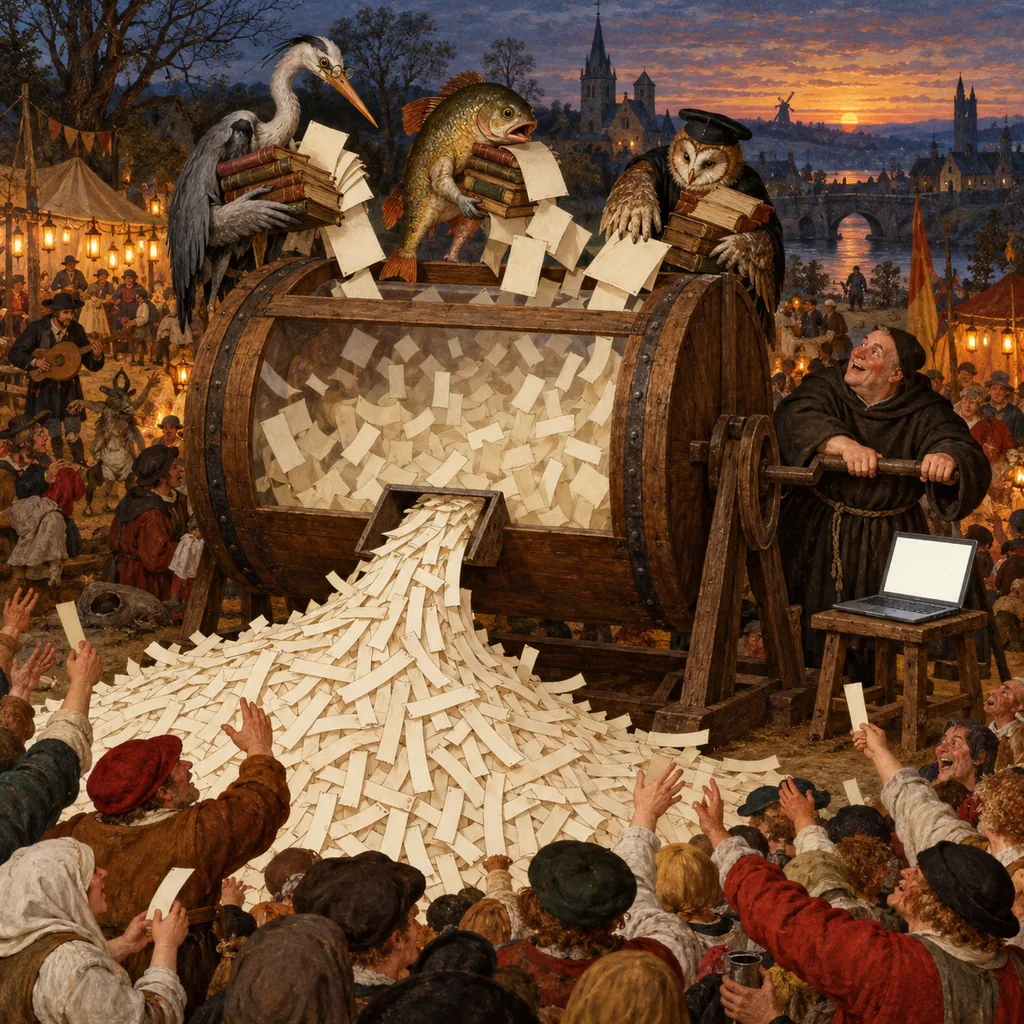 A Bosch-style country fair at dusk where a monk cranks a huge raffle drum, hybrid creatures tip old books into it, long thin dash-shaped tickets pour out in a heap in front of a cheering crowd, and a laptop glows on a stool beside the drum.
