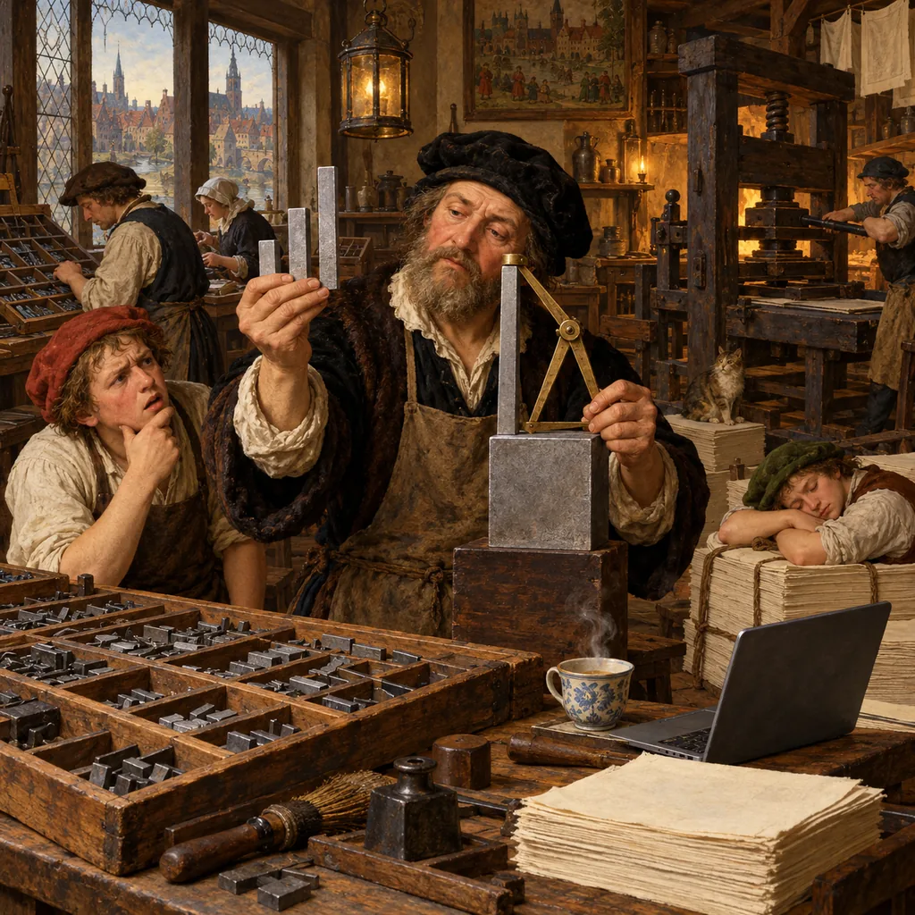 A Flemish print shop in lamplight where a master printer measures the longest of three metal bars against a large blank square type block with brass callipers, while one apprentice watches, another sleeps on a paper sack, and a cup of tea steams beside a laptop on the bench.