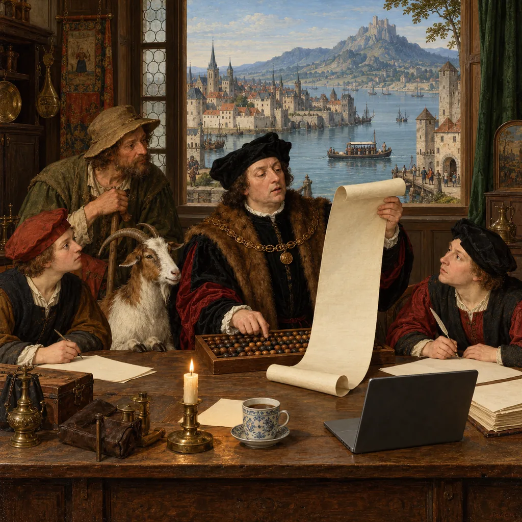 A Bruegel-style counting house where an inspector reads a long document aloud to two clerks, a farmer and a goat while moving abacus beads for each pause, with a candle, a cup of tea and a laptop on the desk and a ferry crossing the bay outside.