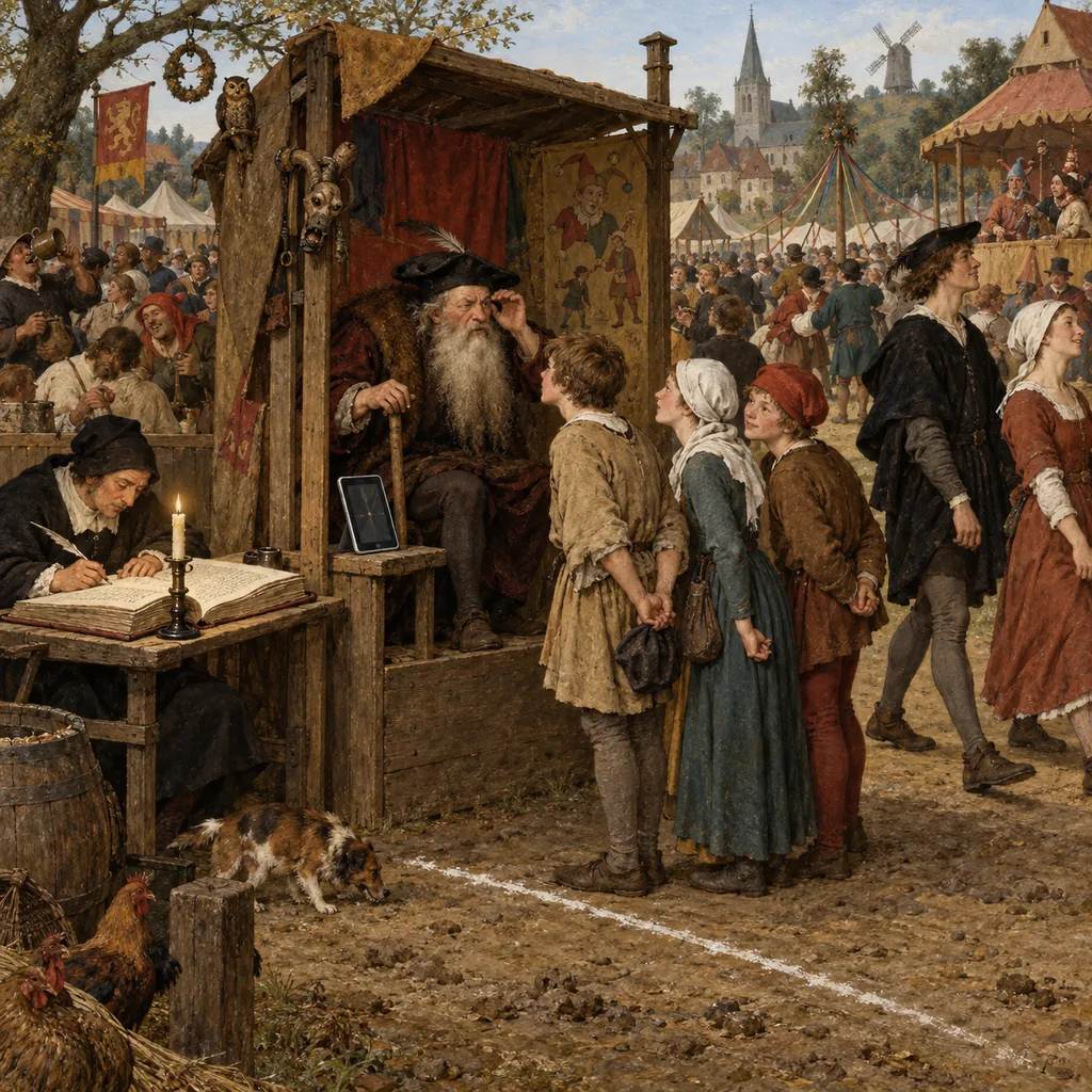 A Bruegel-style village fair where a bearded age-guesser at a booth squints at a queue of youths; the older-looking ones walk past a chalk line into the fair, the borderline ones are sent to a scribe checking a parish register by candlelight, and a tablet leans on the guesser's stool.