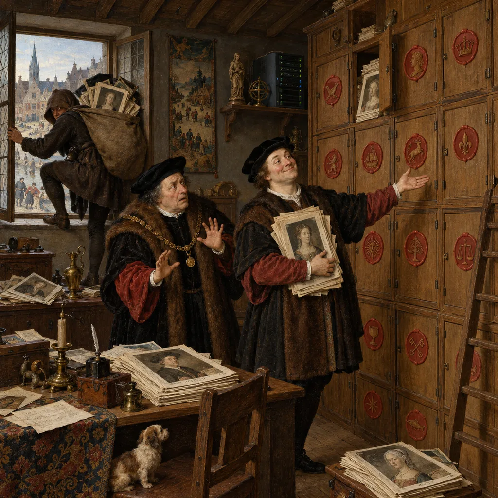 A Flemish counting house where a proud clerk shows an alarmed magistrate cabinets stacked to the ceiling with copied portraits and papers, while a hooded thief climbs out of a back window with a sack of portraits and a small server blinks on a shelf.