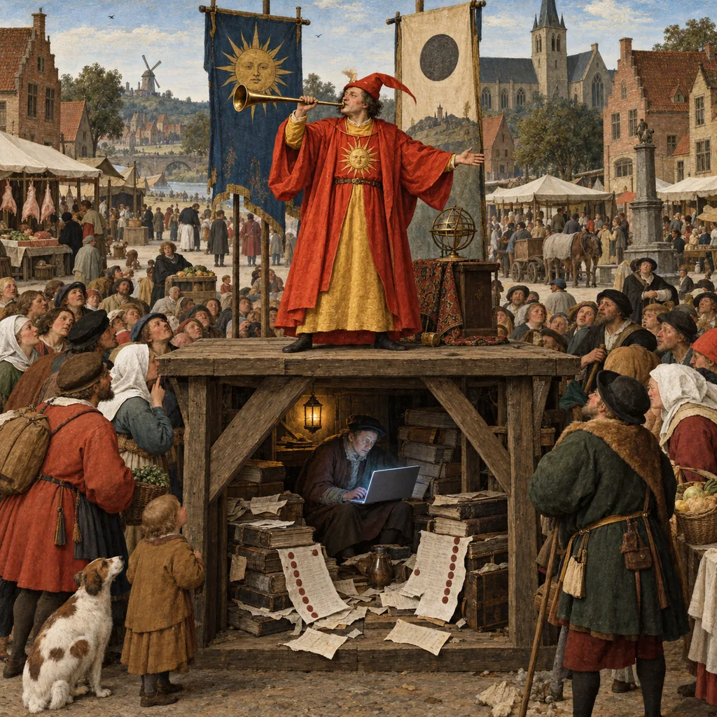 A Flemish-style village square where a confident oracle on a wooden stage speaks through a brass trumpet to an eager crowd, while beneath the stage a small clerk with a lantern and a glowing laptop sits among ledgers with torn pages and sealed columns.