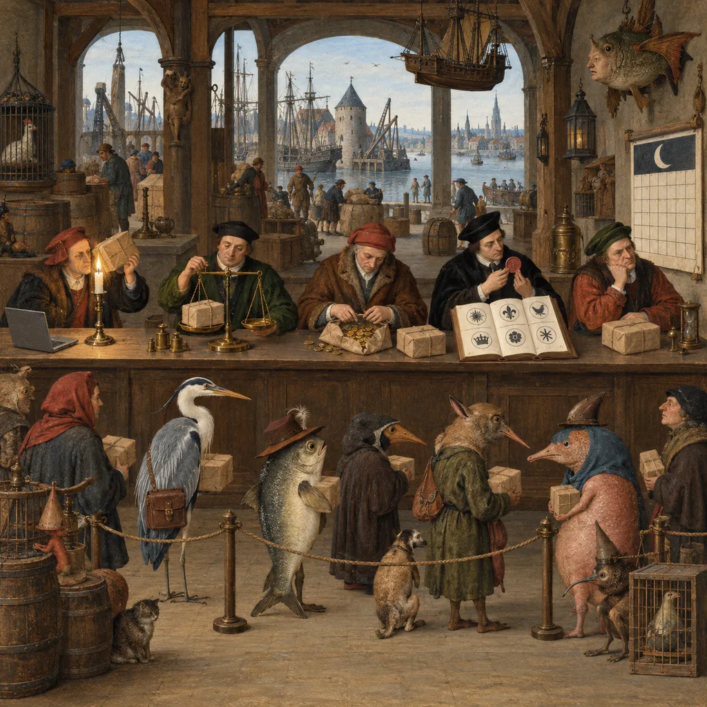 A Bosch-style harbour customs house where five inspectors along one counter examine the same parcel in five ways, with a candle, scales, coins, a seal book and a wall calendar, while a queue of odd hybrid creatures waits and a laptop sits at the first station.