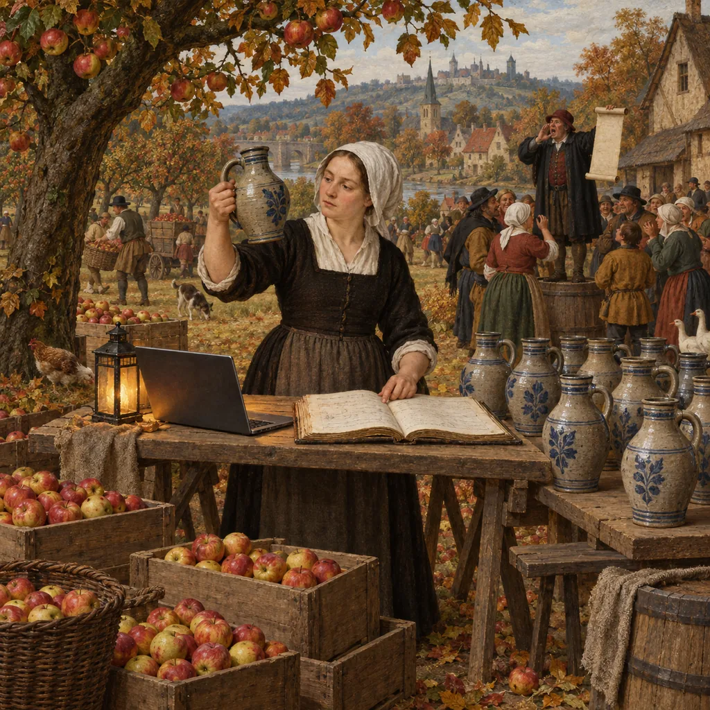 A Flemish orchard village in autumn where a woman at a trestle table under an apple tree compares a stoneware jug with a line in her ledger, beside crates of apples and a glowing laptop, while villagers crowd around a town crier behind her.