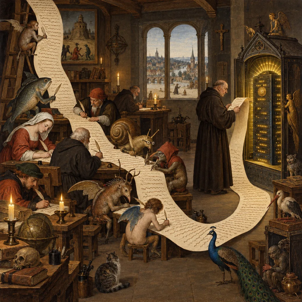 A Bosch-style scriptorium where humans and hybrid creatures all write on one long scroll in identical ink, and a monk reads the scroll word by word to a glowing server cabinet.