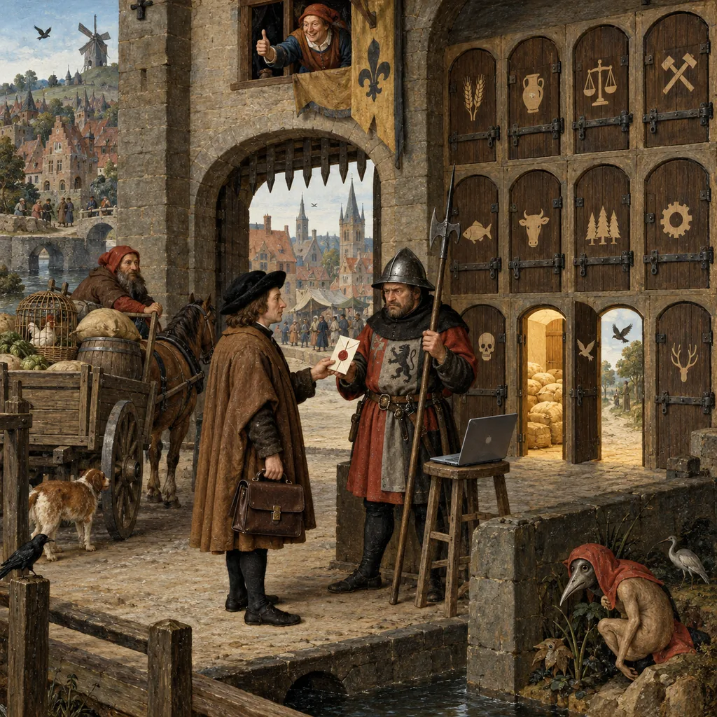 A Bruegel-style town gate where a gatekeeper checks a clerk's list without looking in his satchel, a wall of doors behind them is mostly bolted, and a burgher in a window above approves one cart before it passes.