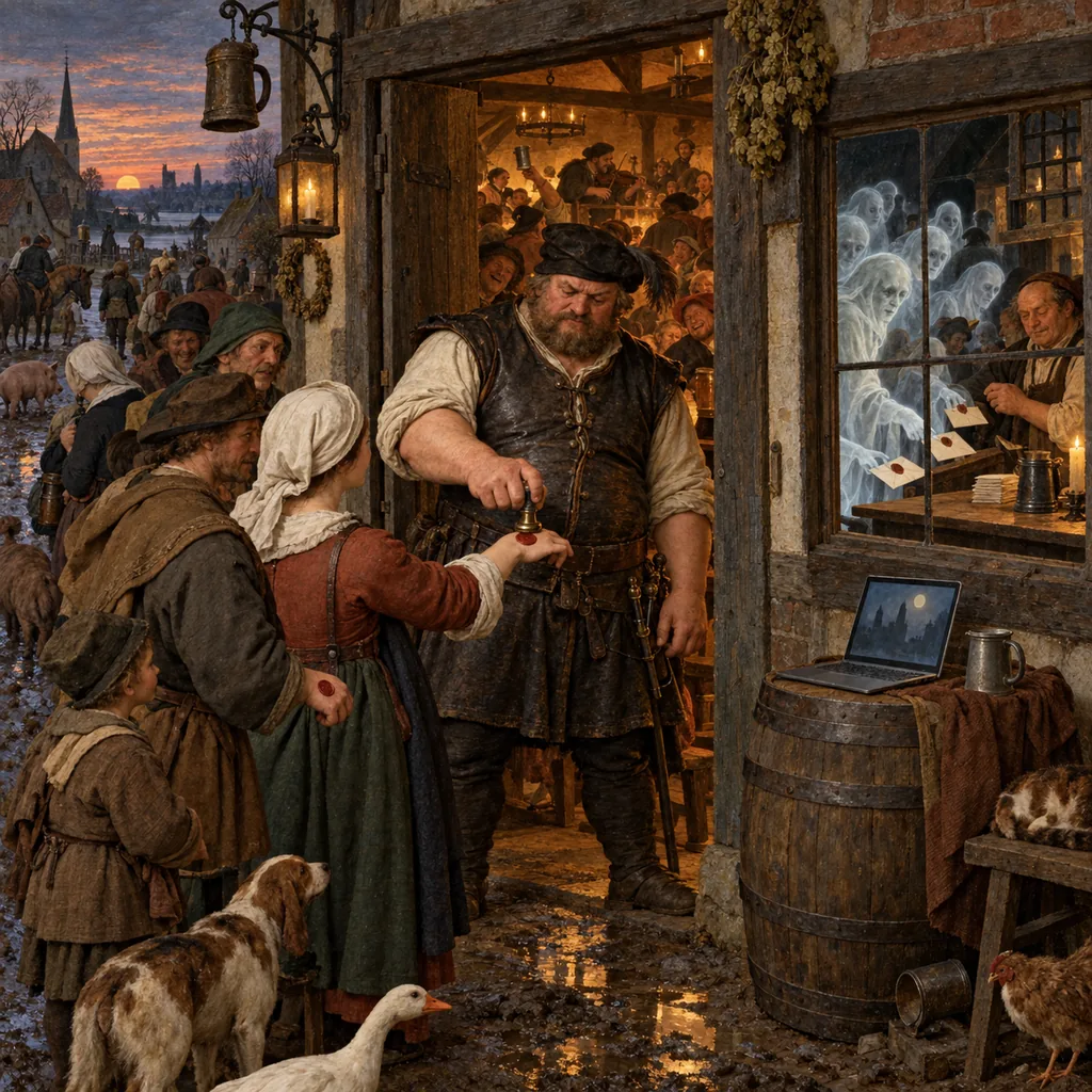 A Flemish-style tavern door at dusk where a broad bouncer stamps a wax seal on each guest's hand, while pale ghosts slip letters through a side window onto the innkeeper's counter and a laptop sits open on a barrel.