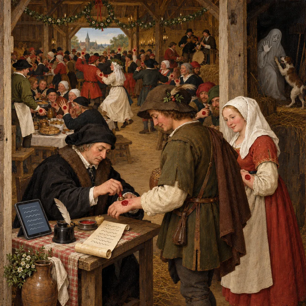 A Flemish village wedding feast in a barn where a clerk at the door checks guests against a scroll and seals their hands with red wax, every dancer inside has a seal, and a dog shows an unsealed ghost out of a dark corner.