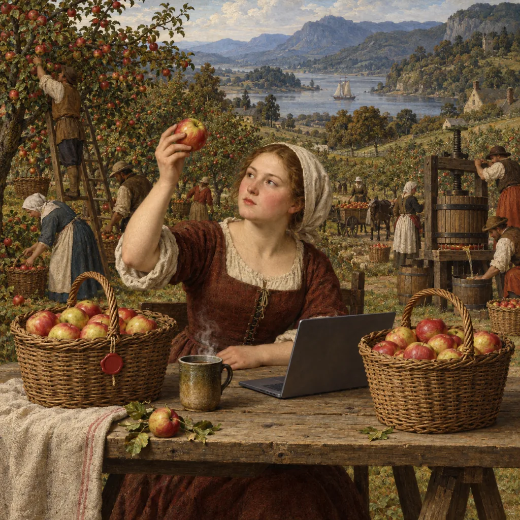 A Bruegel-style Huon Valley orchard at harvest where a young woman at a trestle table sorts apples into a sealed basket and an unsealed basket, holding one apple up to the light beside a cup of tea and a laptop.