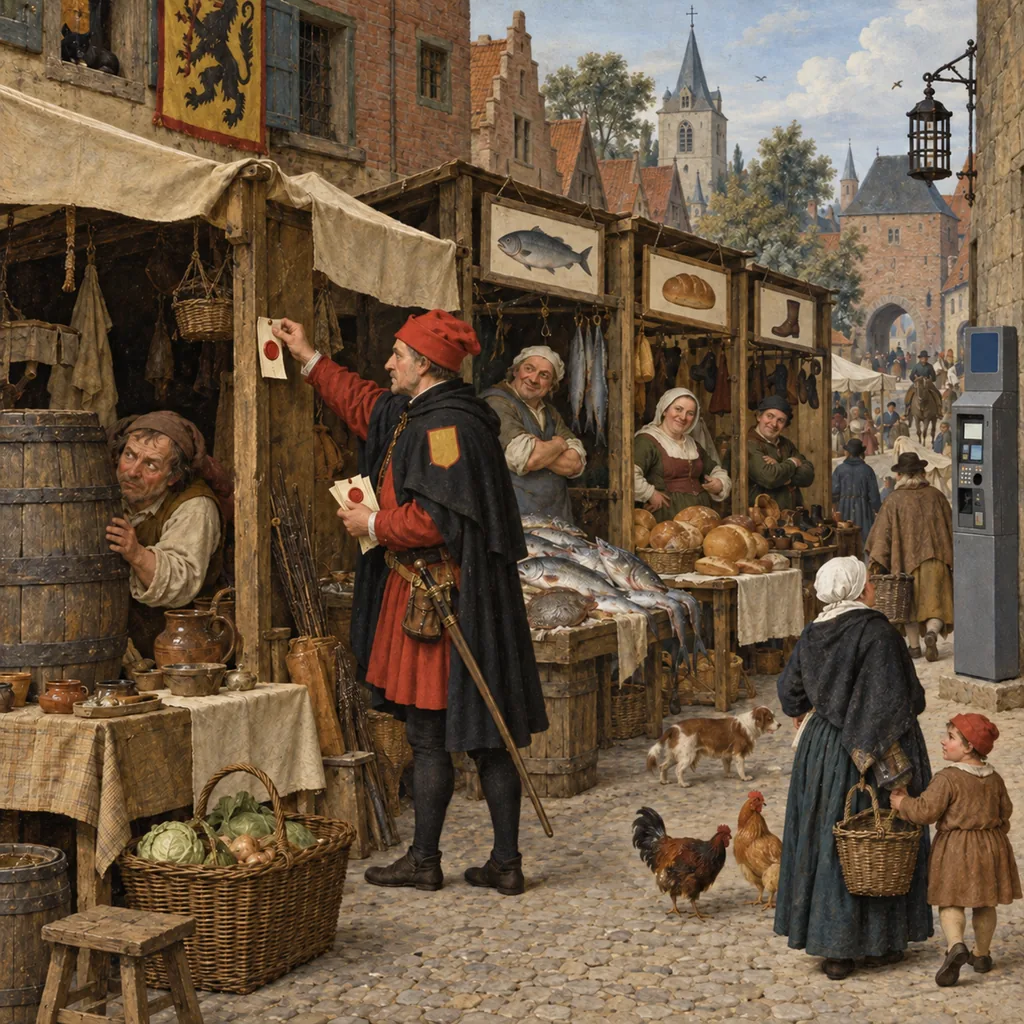A Flemish-style street where a warden in a red cap pins wax-sealed tickets to market stalls that have no sign above them, while one stallholder hides behind a barrel and a modern ticket machine stands at the end of the row.