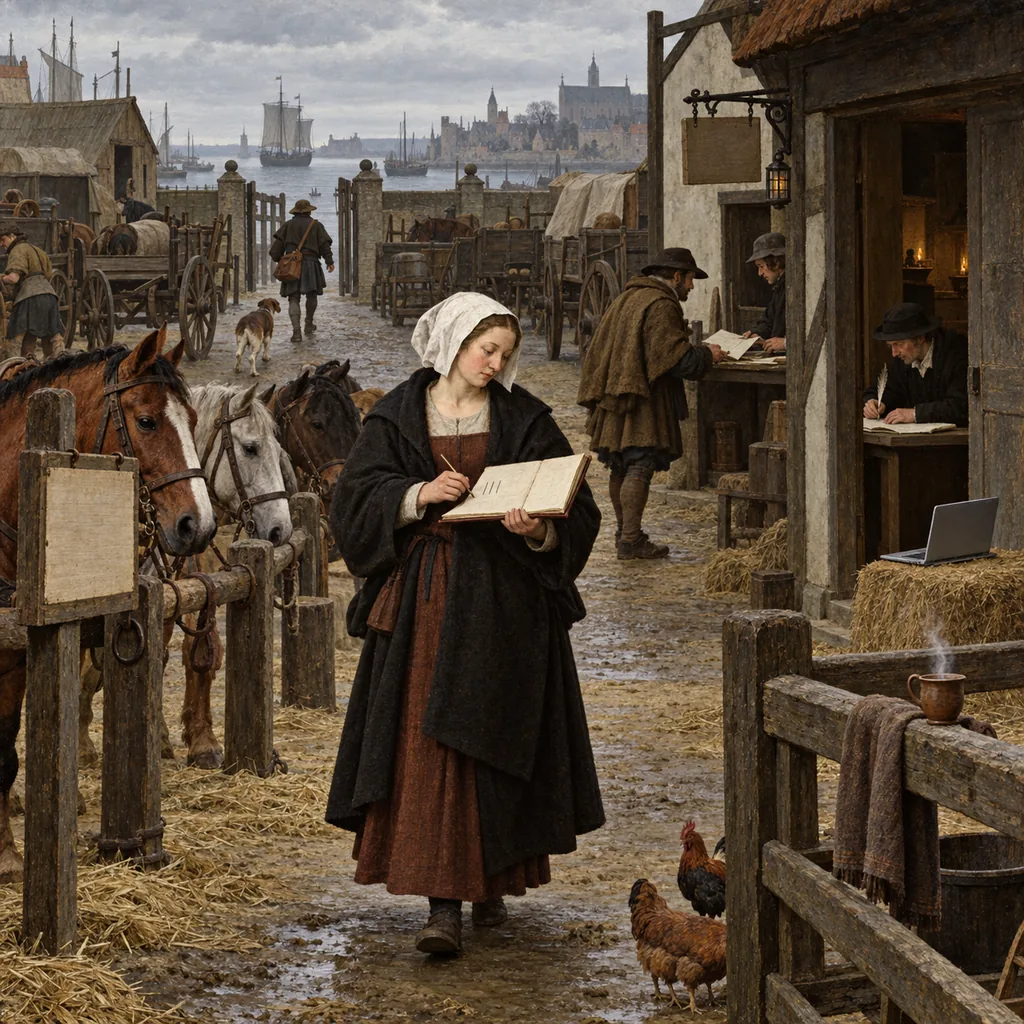 A Flemish-style horse yard where a woman with a ledger walks past hitching posts, a clerk copying papers and a messenger leaving by the gate, marking each in her book, while a laptop sits on a hay bale and a cup of tea steams on the fence.