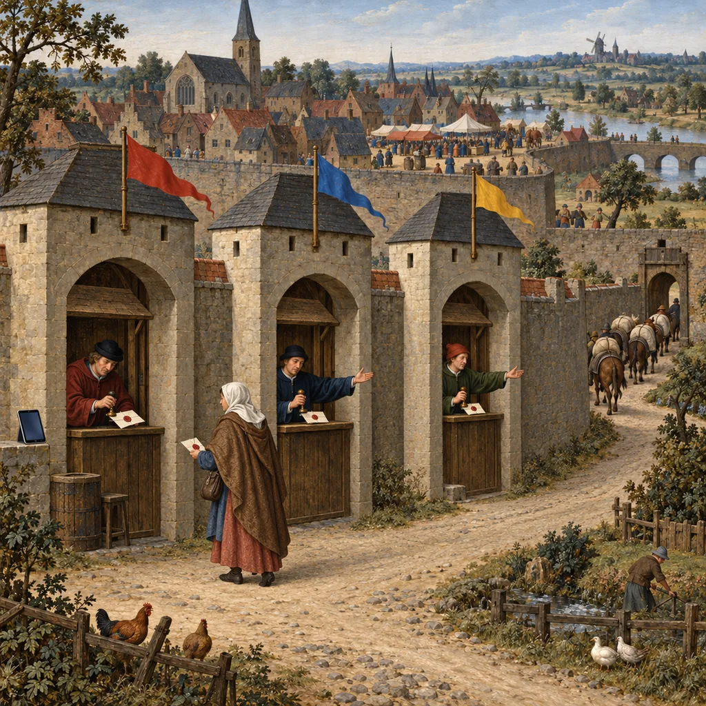 A Flemish-style walled town with three gatehouses, where a cloaked woman carries one sealed letter from gate to gate and each clerk stamps it and sends her on, while a mule train slips out of a back gate with sacks, unseen by her.