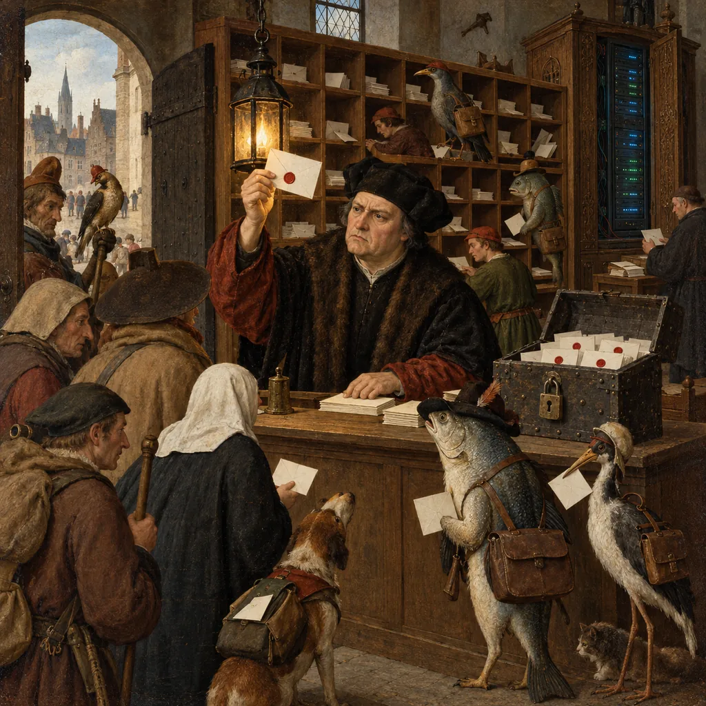 A Bosch-style post office where a clerk at the door checks each letter for a red seal under a lantern, sealed letters go into a locked box, and hybrid messengers such as a fish in a hat wait at the pigeonholes, beside a server cabinet in the corner.