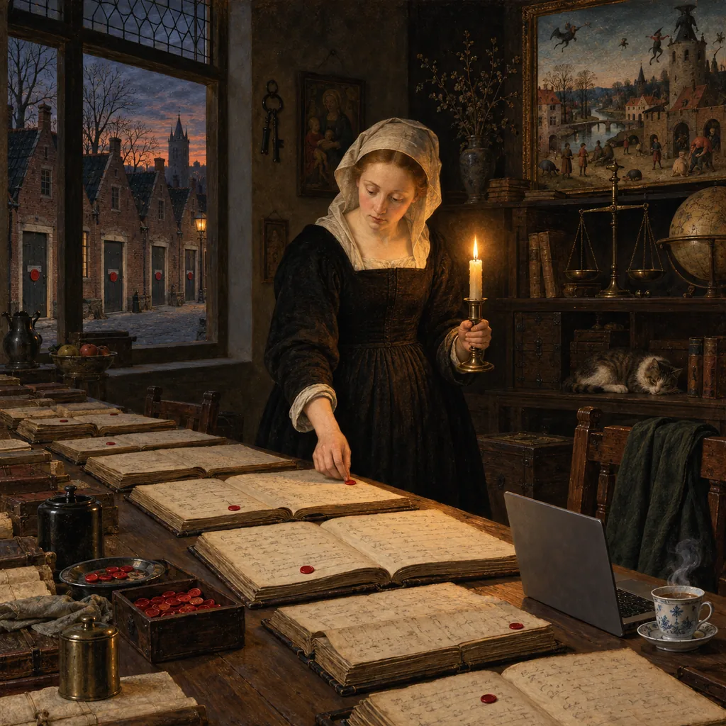 A Flemish-style counting room at dusk where a woman with a candle marks ledger entries with small red seals, while a laptop and a steaming cup of tea sit on the table and sealed front doors line the street outside.