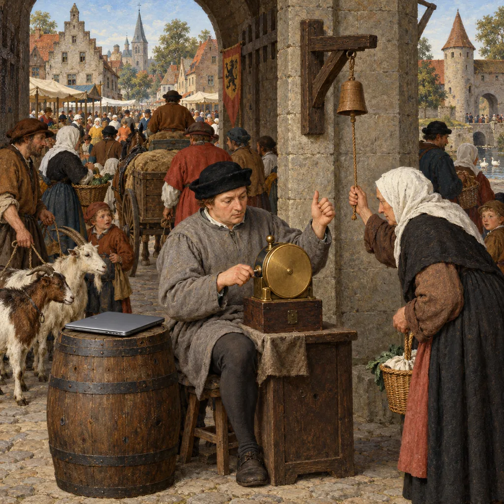 A Flemish-style market gate where a clerk on a stool clicks a brass tally counter as villagers, goats and a cart pass, while an old woman pulls a small bell on a rope and the clerk lifts his thumb off the counter for her, a closed laptop resting on a barrel beside him.