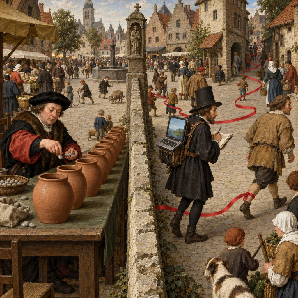 A Flemish-style town square divided by a low wall: on the left a clerk drops pebbles into unlabelled jars, and on the right a clerk in a tall hat follows one villager with a notebook and a long ribbon tied to the villager's ankle, a laptop strapped to his back.