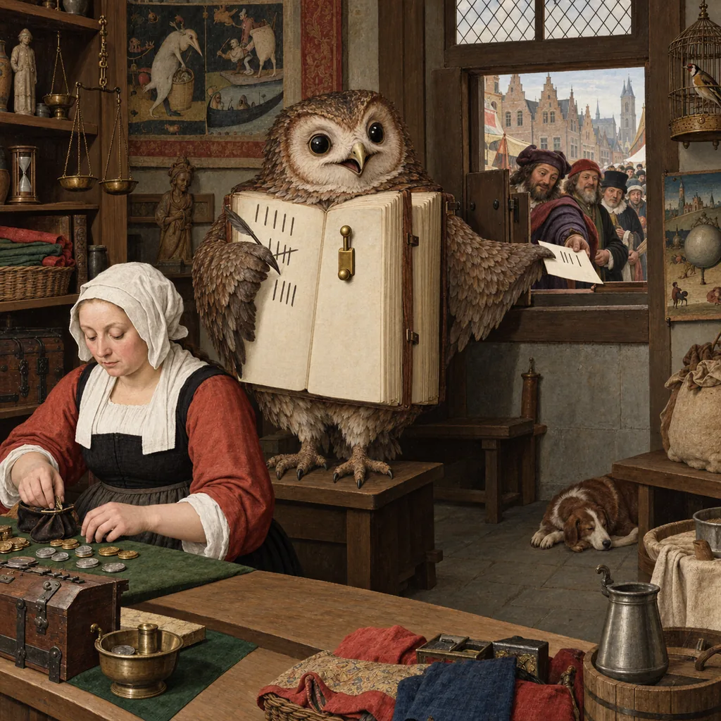 A Bosch-style counting house where an owl-and-ledger creature counts customers for a shopkeeper with one wing while passing copies of its tallies through a back hatch to waiting merchants with the other, a small brass switch on its chest.