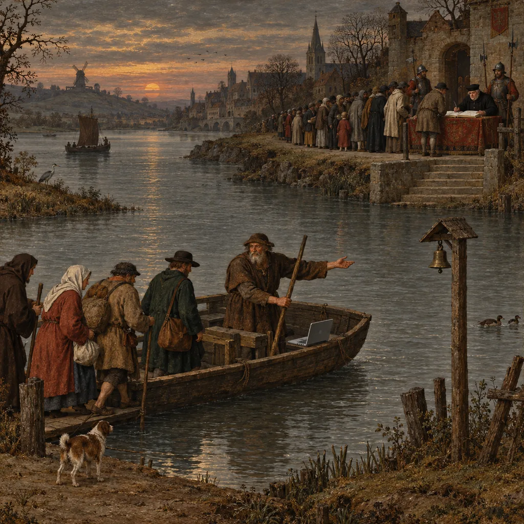 A Flemish river crossing at dusk where, on the near bank, a ferryman waves travellers aboard beside a bell post, and on the far bank a stern official makes every arriving traveller sign a ledger at a table, with a long queue waiting.