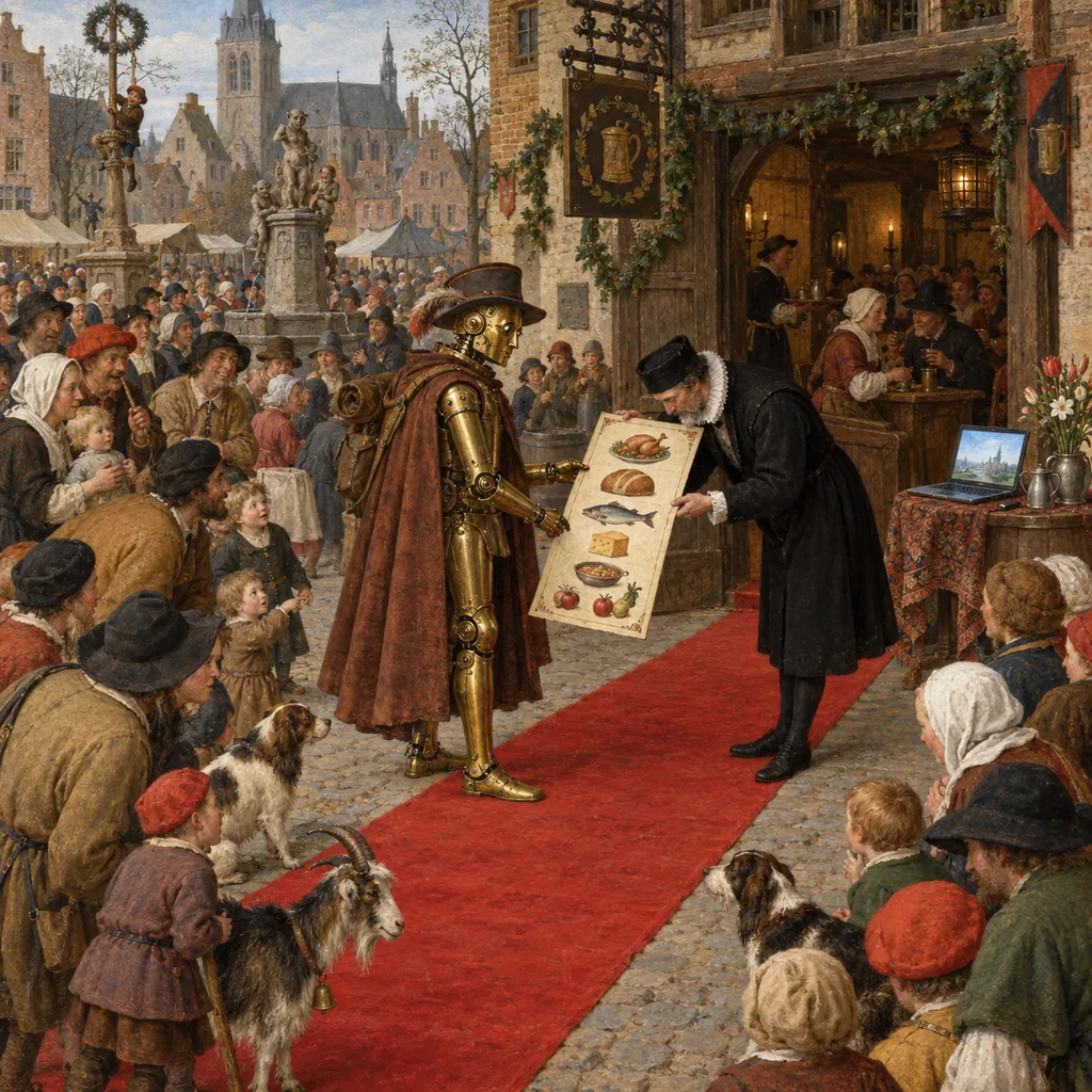 A Flemish-style town square where a brass automaton in a cloak walks down a red carpet to a tavern door, and a bowing maître d' hands it a large picture menu while villagers and a goat watch and a laptop glows on a table by the door.