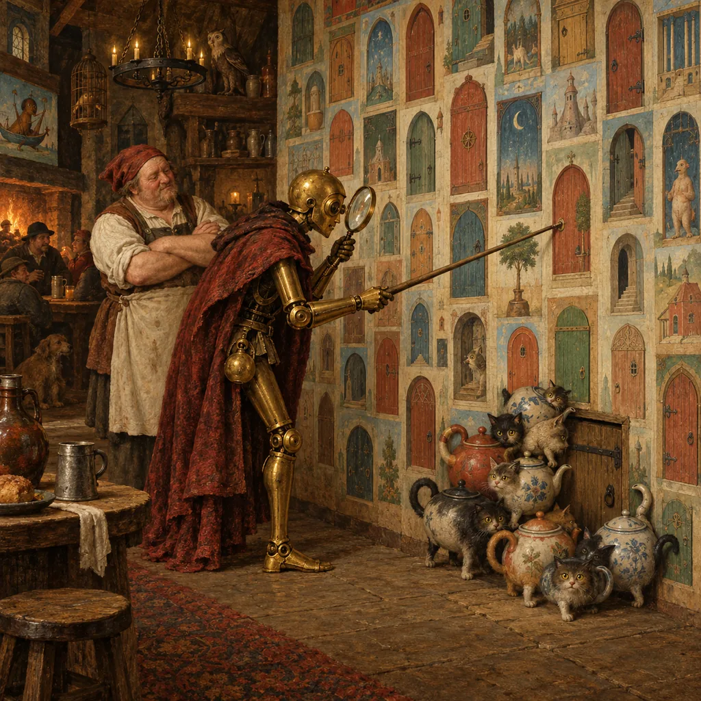 A Bosch-style tavern where a brass automaton with a magnifying glass prods one of many painted doors on a wall with a pole, while small cat-teapot creatures hide the real hatch and an innkeeper waits with folded arms.
