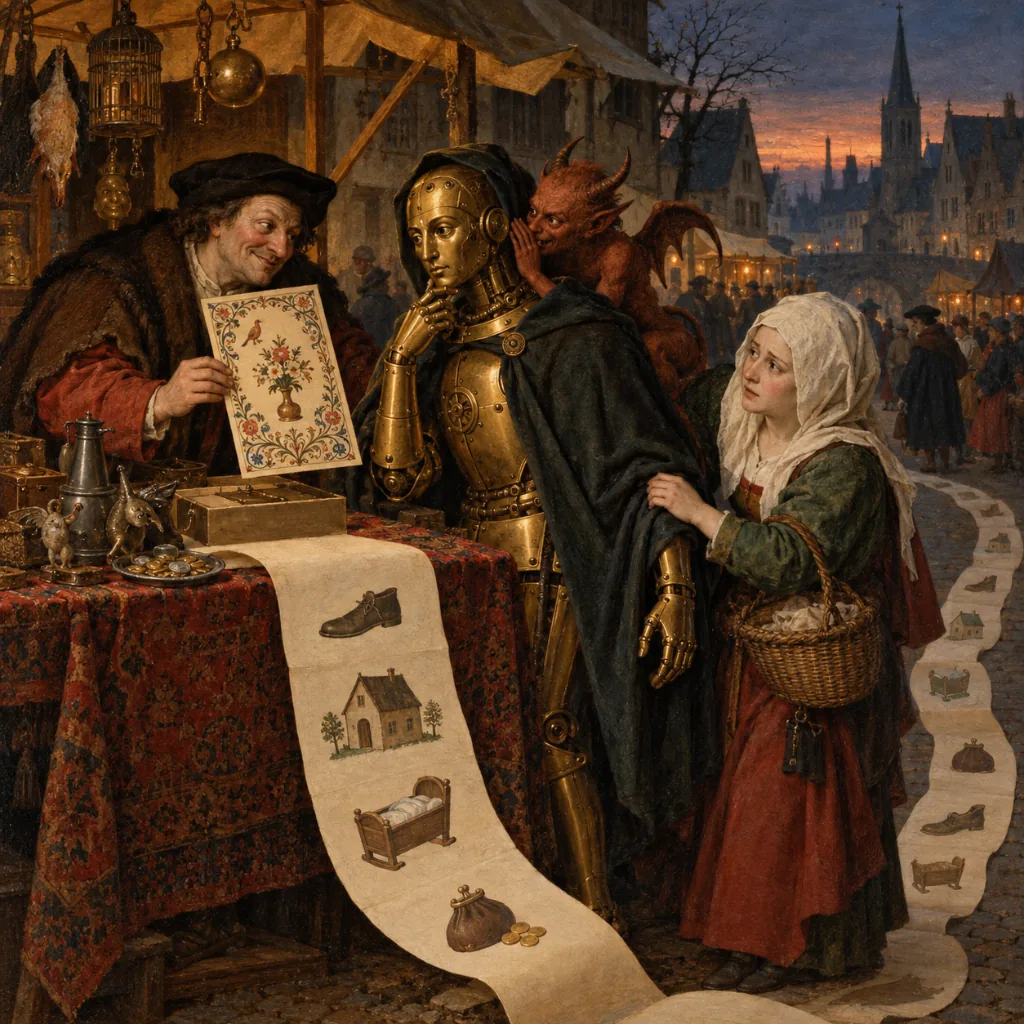 A Flemish-style market stall at dusk where a smiling merchant offers a brass automaton a menu card while a small devil whispers from behind it, a scroll of questions unrolls off the stall and down the street, and a townswoman holds the automaton's sleeve.