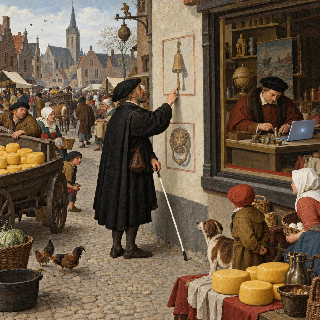 A Flemish-style market street where a customer with a white cane presses a brass bell-pull that is only painted onto a shop wall, while the merchant inside counts coins beside a glowing laptop and does not look up.