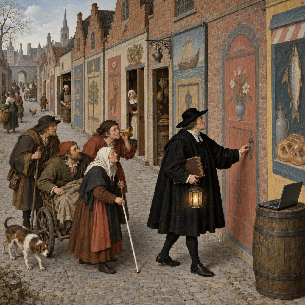 A Flemish-style street of shopfronts where an inspector with a lantern and a ledger leads townsfolk, including one with a white cane and one in a wheeled chair, from door to door; most doors are painted onto the walls and only a few open.