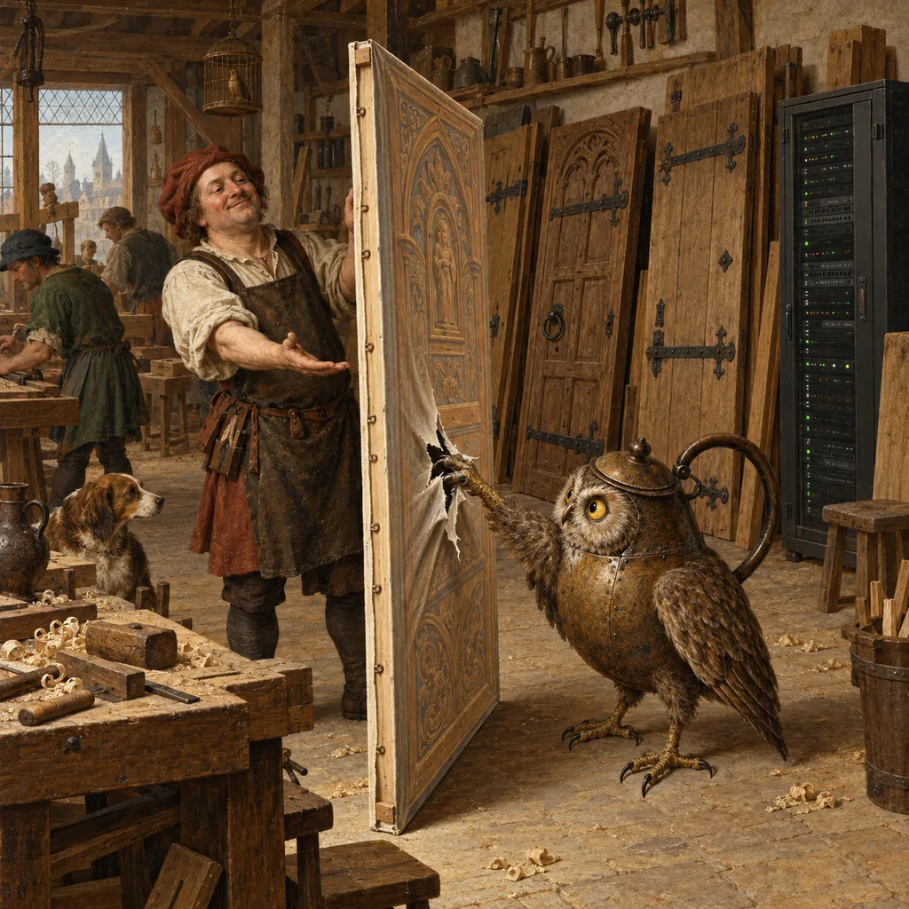 A Bosch-style workshop where a carpenter proudly presents a carved door that is only painted canvas, and an owl-kettle creature's claw goes straight through it, while real hinged doors lean unused against the wall.