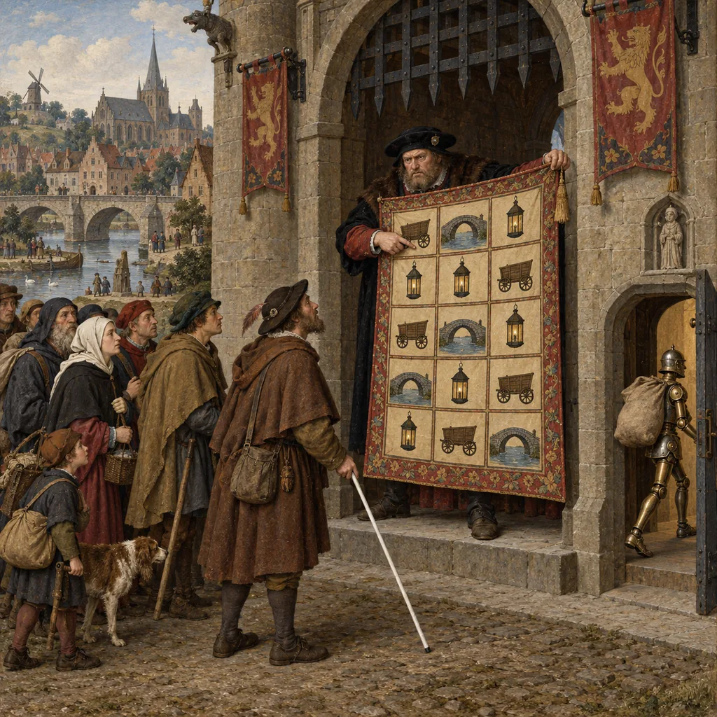 A Flemish town gate where a gatekeeper holds up a tapestry grid of carts, bridges and lamps to a traveller with a white cane at the head of a long queue, while a small clockwork automaton strolls through an open side door with a sack.
