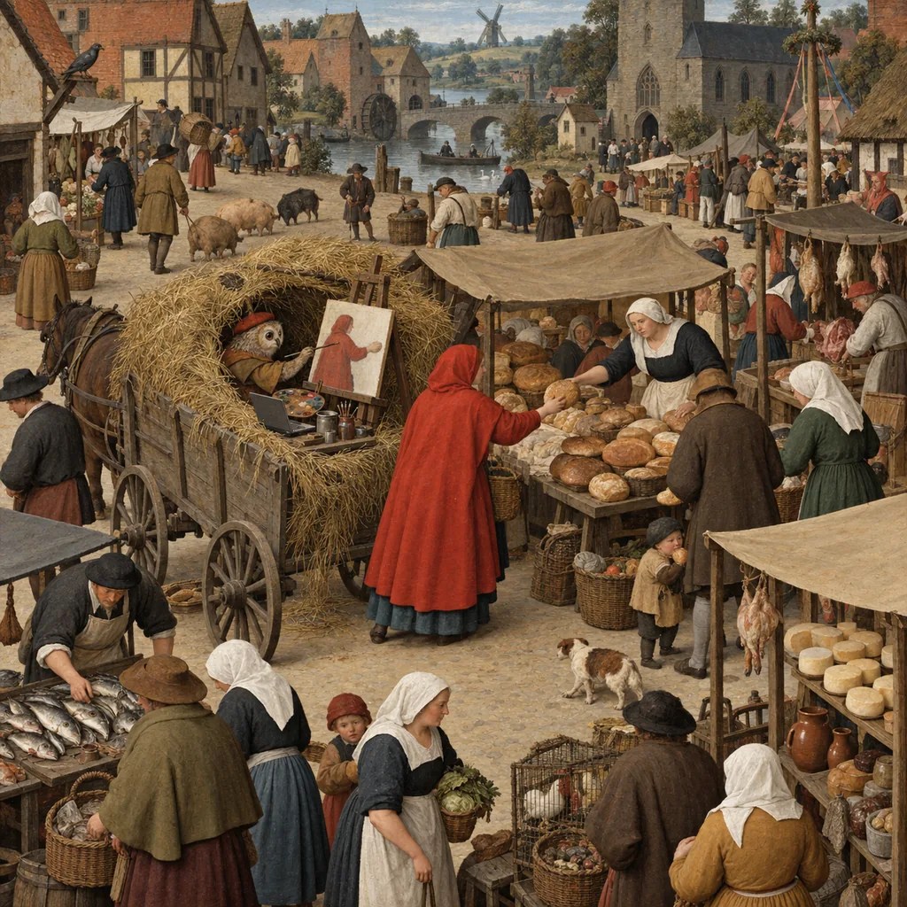 A Flemish-style village market where a woman in a red cloak reaches for a loaf, while behind her, hidden in a hay cart, an owl-headed painter creature copies her every movement onto an easel, a small laptop balanced beside its paint pots.