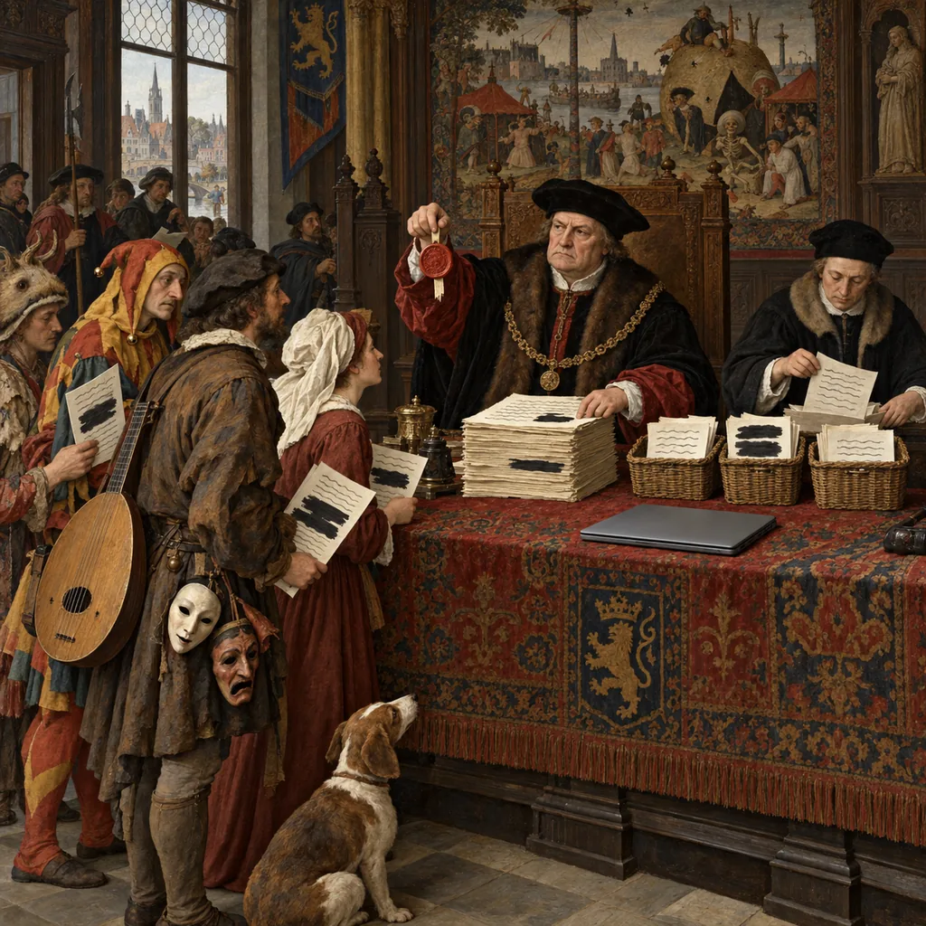 A Flemish-style council chamber where a magistrate holds a wax seal over a stack of theatre scripts, some with passages blacked out, while travelling players queue and a clerk sorts the scripts into three baskets beside a closed laptop.