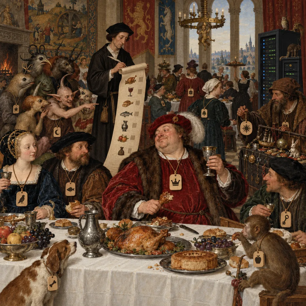 A Bosch-style banquet where guests wear numbered wooden tags, a clerk with a long scroll records what each one eats and buys, and a group of hybrid creatures compares notes and points at one guest, with a server rack standing in the corner.