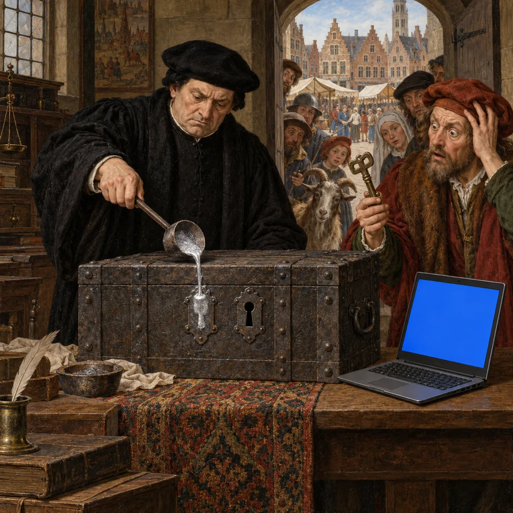 A Flemish-style counting house where a robed clerk pours molten lead into one of two keyholes on an iron strongbox, while a merchant stares at the old key in his hand, a glowing laptop sits on the table and villagers and a goat watch from the door.
