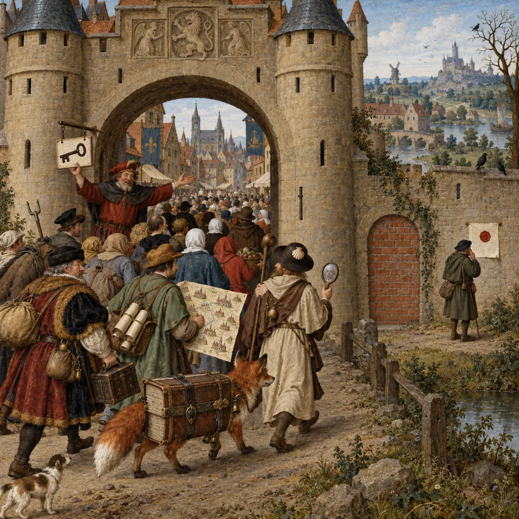 A Bosch-style town gate where a gatekeeper waves a merchant, a mapmaker, a pilgrim with a mirror and a fox-ledger creature through one wide arch, while a smaller side gate behind them has been bricked up and a lone traveller frowns at a sealed notice.