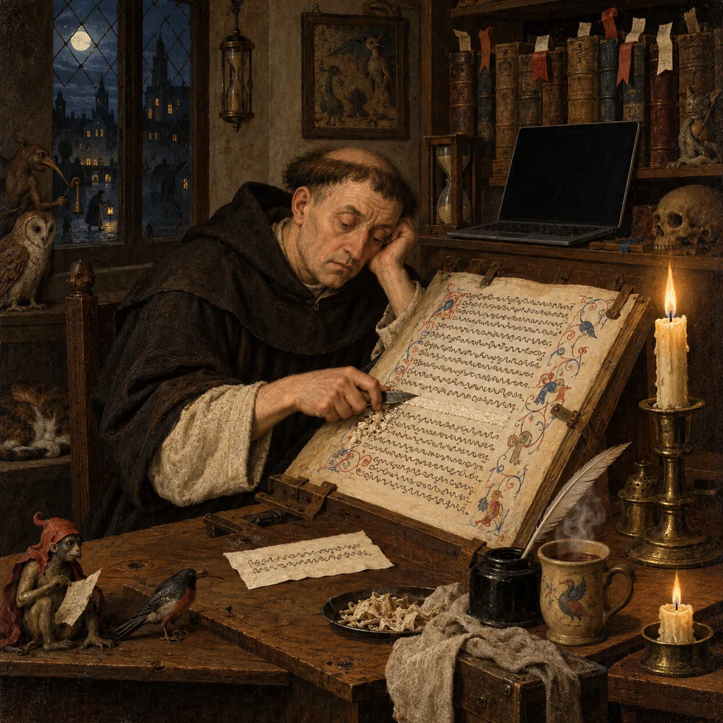 A Flemish scriptorium at night where a scribe scrapes one line from a vellum page with a knife, a replacement line waits on a scrap beside him, other books on the shelf bristle with ribbons, and a cup of tea steams next to a laptop.