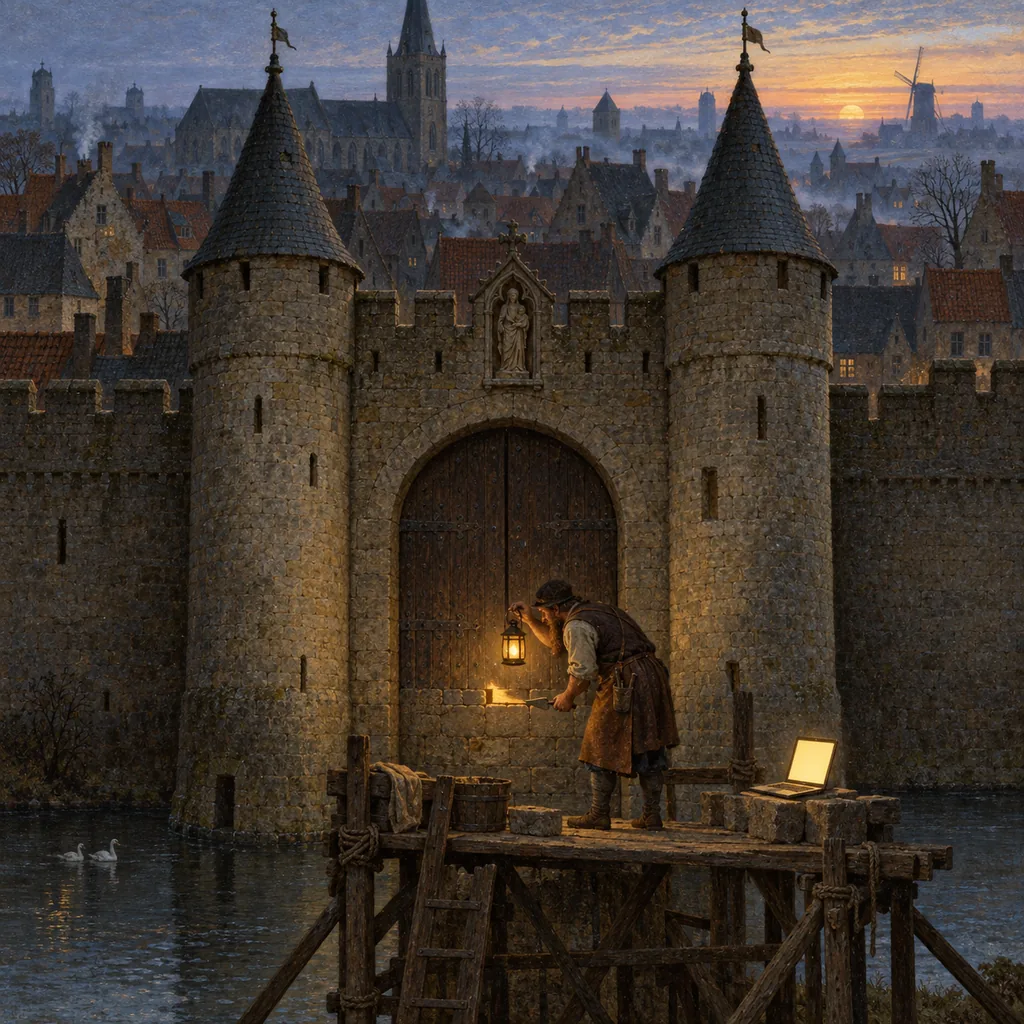 A Flemish-style walled town at dawn where one small stone is missing low in the gate, a candle glowing through the gap, and a lone mason on a scaffold holds a lantern up to it while a laptop glows on the plank beside him.