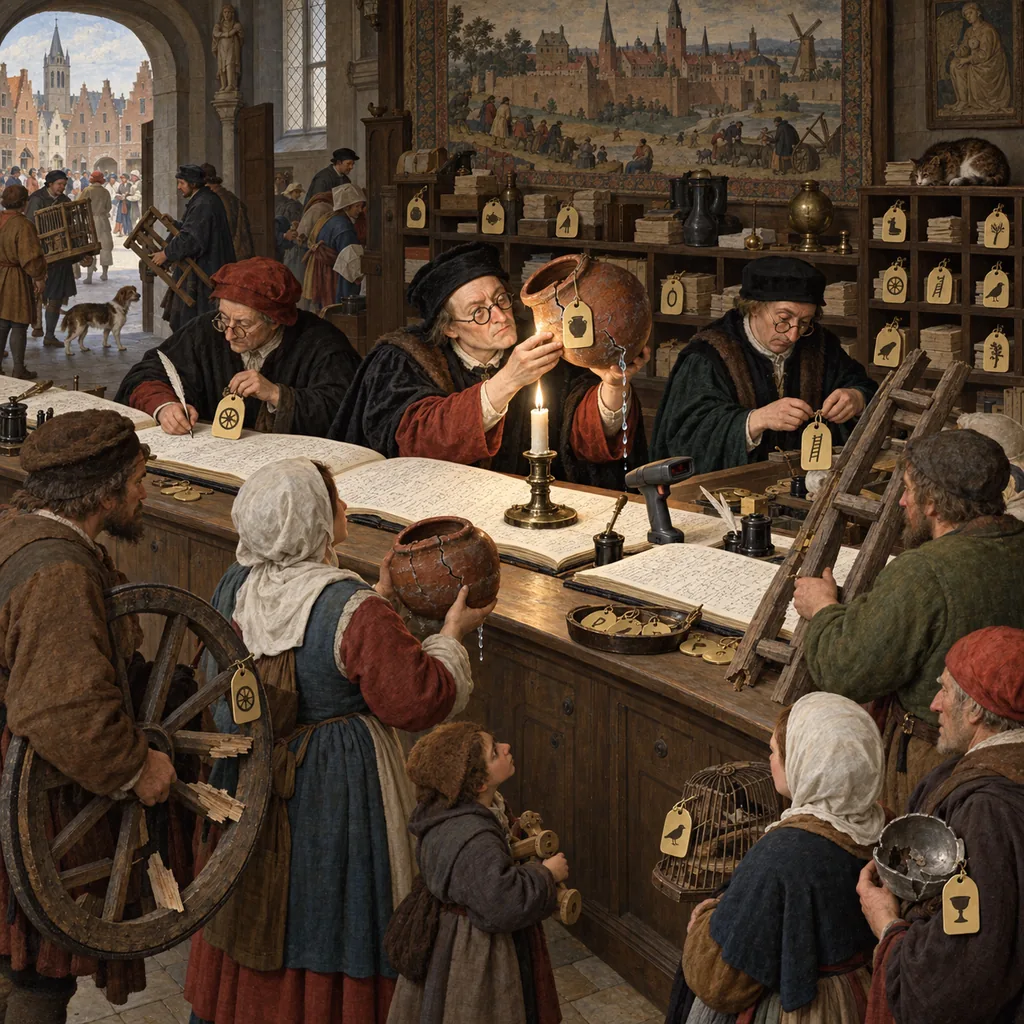 A crowded Flemish-style records office where clerks tie numbered brass tags to a queue of broken objects and write each one into a huge ledger, while one clerk holds a cracked object up to a candle to judge it.
