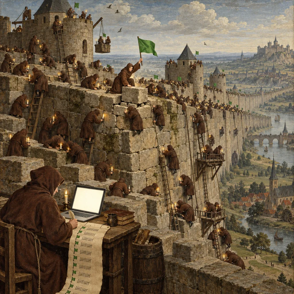 A Bosch-style endless fortress wall where hundreds of identical candle-carrying figures inspect every stone at once, one raising a flag over a loose stone it found, while a clerk with a laptop tallies the flags that run off the page.