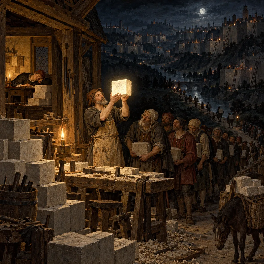 A Flemish night workshop where one carpenter holds up a freshly cut replacement stone while a long tired queue of masons waits to carry copies up ladders to many distant walls, most ladders still empty and one clerk asleep beside an untouched pile.